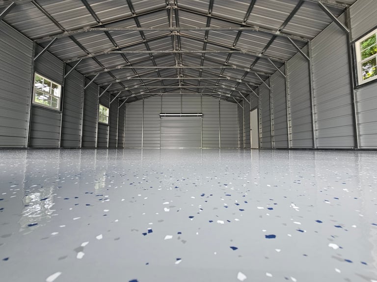 Epoxy floor coating for garage and pole barn showing versatile application
