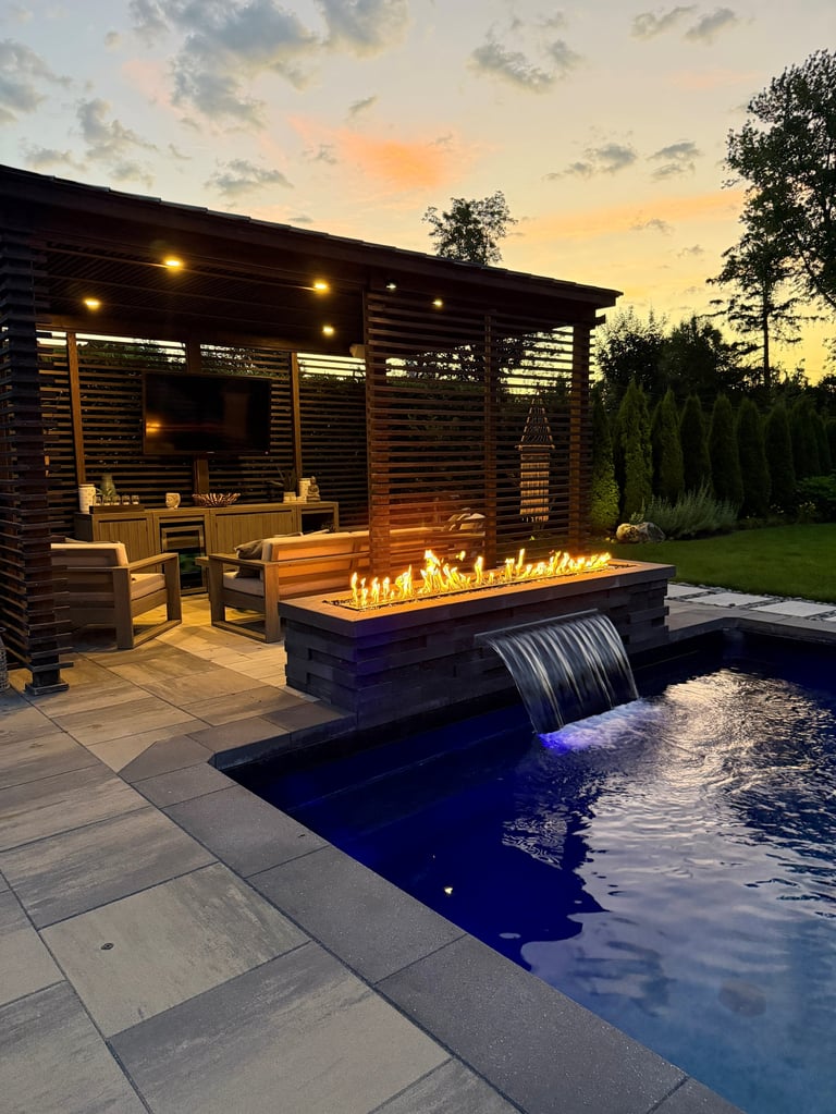 Outdoor living space with pool, firepit and Tulum-inspired design