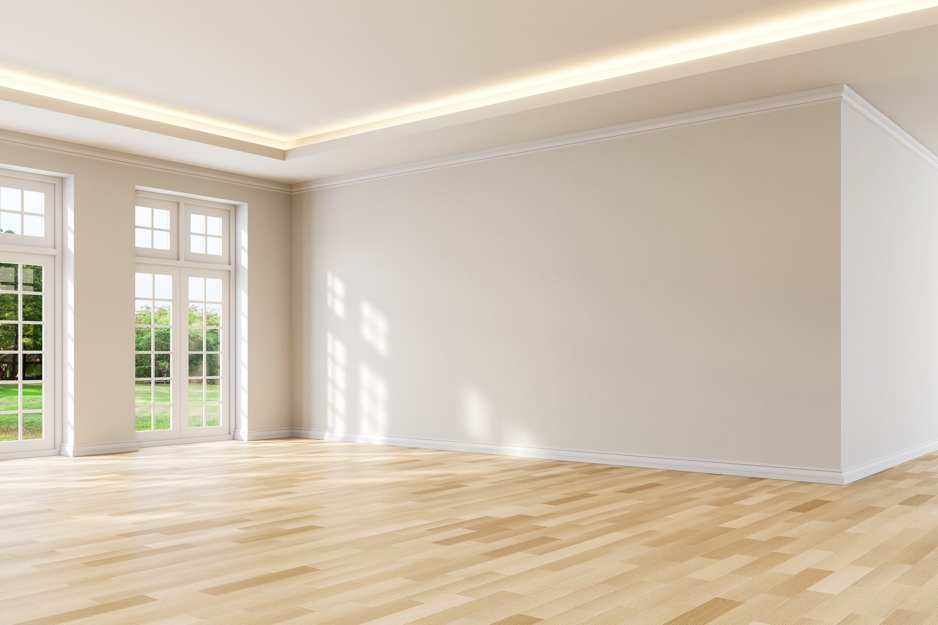 Modern luxury empty room interior with wooden floors and white walls
