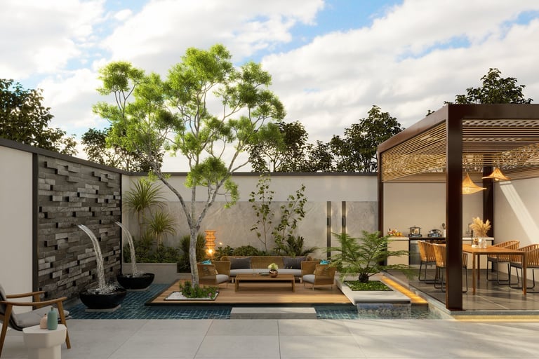 Modern beautiful home terrace with pool and wall mockup