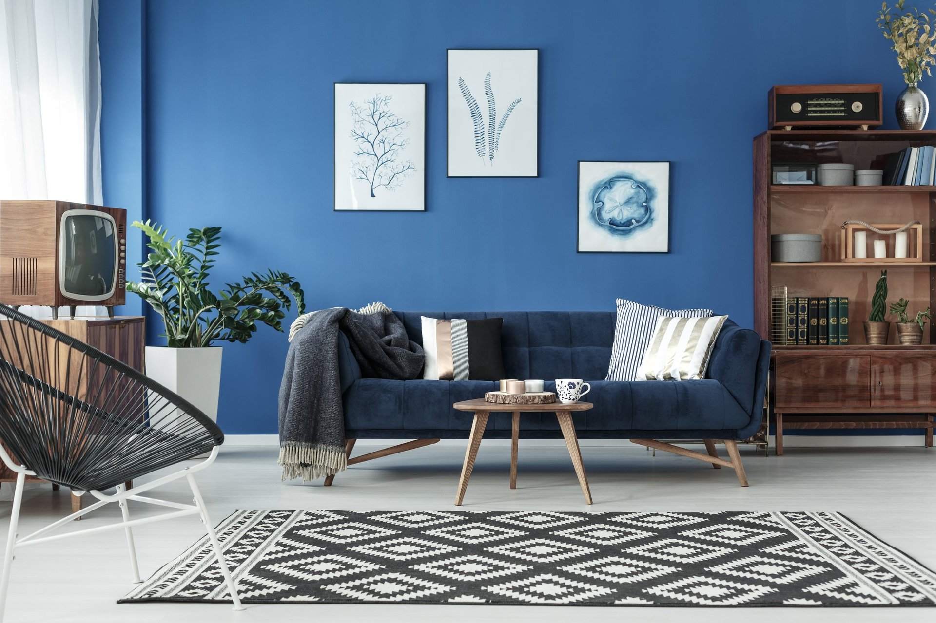 Blue up-to-date decor of lounge with blue sofa
