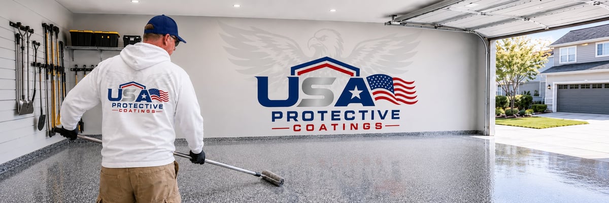 Worker in USA Protective Coatings shirt applying epoxy coating to garage floor with company logo on wall