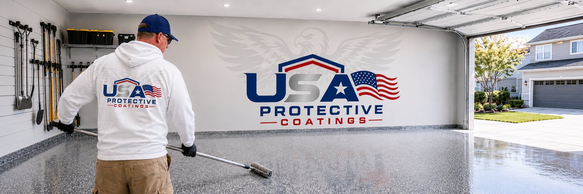 Worker in USA Protective Coatings shirt applying epoxy coating to garage floor with company logo on wall