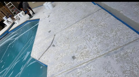 Blue pool edge with concrete deck and ladder visible in background