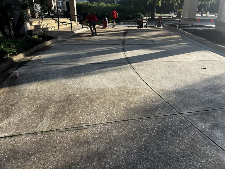 Outdoor concrete plaza with expansion joints, trees, and people in background on a sunny day