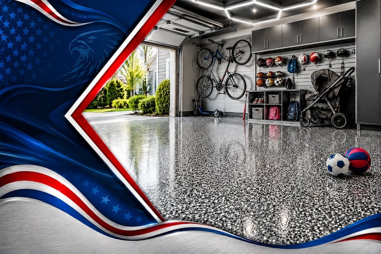 Modern garage interior with epoxy flooring, wall-mounted bikes, storage shelves, and patriotic red-white-blue design elements.