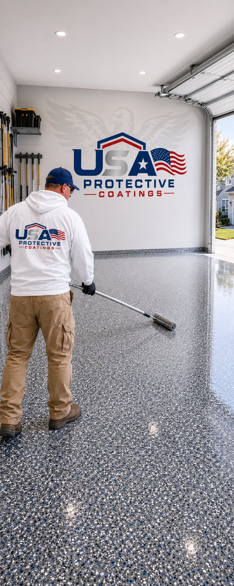 Worker applying USA Protective Coatings epoxy flooring in a garage with a painted logo mural on the wall