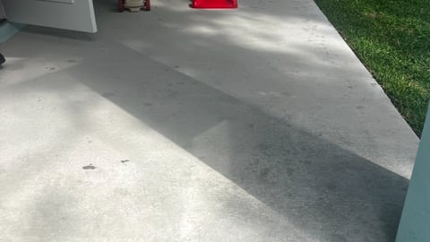 Concrete driveway or patio in bright sunlight with tree shadow, green lawn visible on right edge