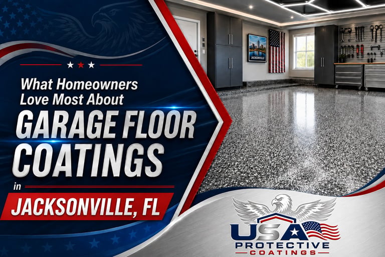 Polished gray epoxy garage floor with text overlay about garage floor coatings in Jacksonville FL and USA Protective Coatings logo